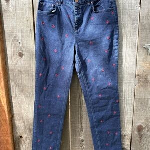 Boden Cavendish girlfriend jeans featuring red floral embroidery